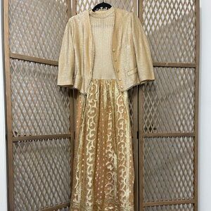 ILGWU Vintage 1960s gold metallic dress and matching jacket.